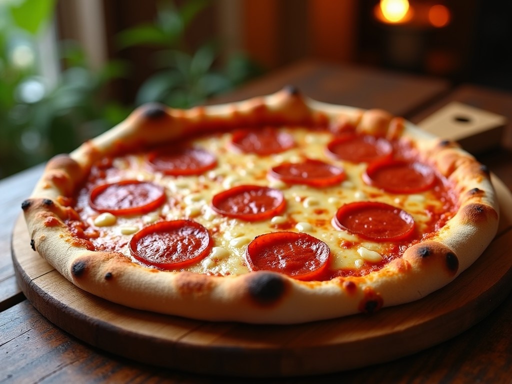 A delicious pizza topped with pepperoni sits on a wooden tray. The warm colors of the pizza, including red tomato sauce and golden cheese, stand out against the rustic wood. The setting has a cozy atmosphere with soft lighting. The low angle captures the inviting textures and toppings of the pizza. This image highlights a common favorite in Italian-American cuisine.