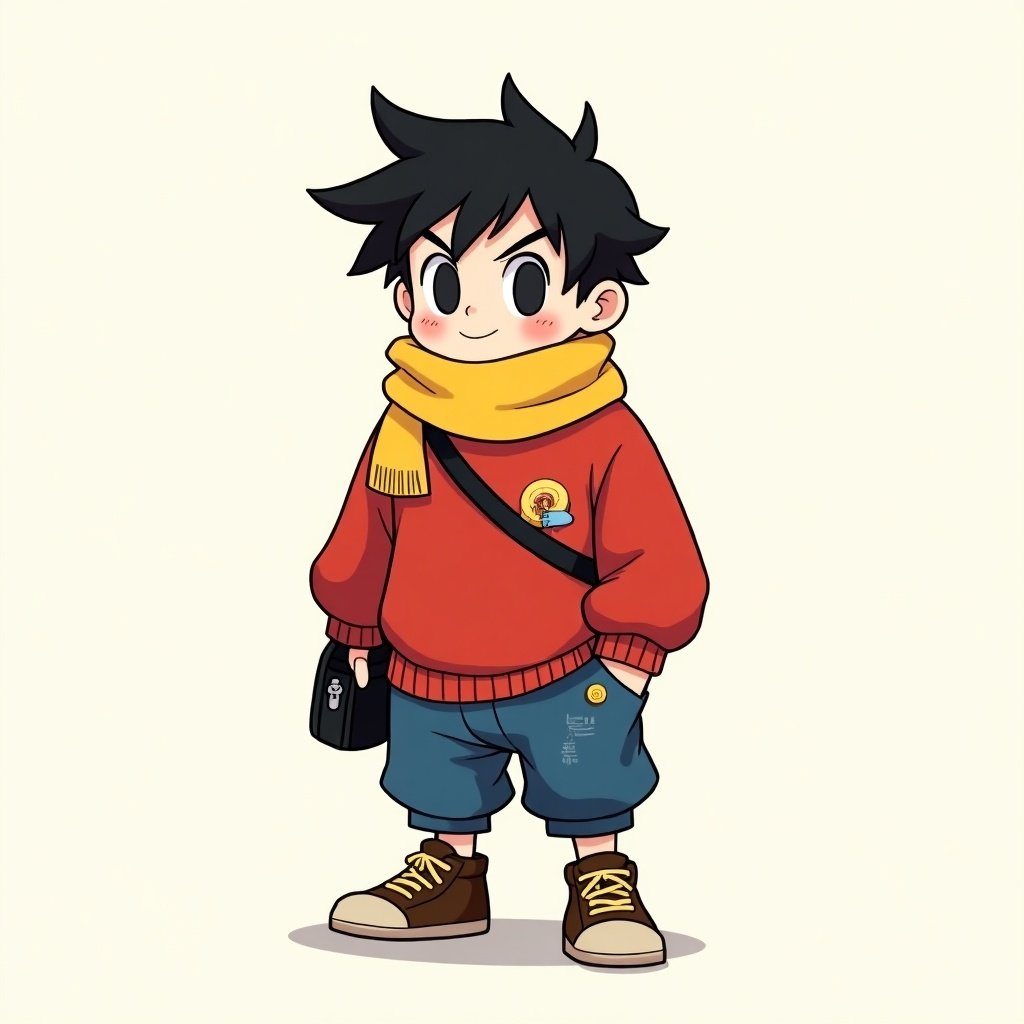 Chibi Kaito, the mischievous thief, sports a bright red oversized sweater with a loose collar, knee-length baggy blue shorts, and scuffed brown sneakers perfect for quick getaways. Their look is completed with a small yellow scarf, a black sling bag, and a single fingerless glove on their right hand. But hidden in their outfit are the stolen items they’ve cleverly swiped during their adventures: a shiny golden coin peeks out of one pocket, a small, glittering ruby hangs from their belt loop, and a few candy wrappers are tucked into their sleeve, the remnants of sweet loot. Their black sling bag is stuffed with trinkets, including a stolen pocket watch, a few loose gems, and an old, crumpled map leading to hidden treasures—Kaito's prized collection of mischief and mayhem.