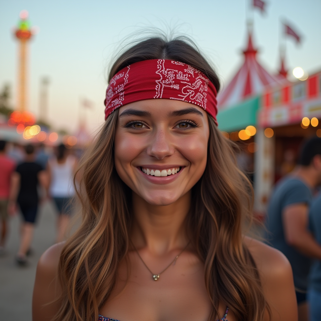 A young woman smiling brightly at a colorful carnival, wearing a red bandana.