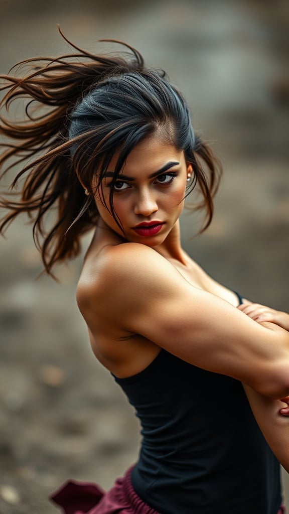 This is a striking portrait of a young woman with wind-swept hair. Her intense gaze is full of emotion, capturing the viewer's attention immediately. The blurred background accentuates her facial features and strong expression, creating a dynamic and powerful image.