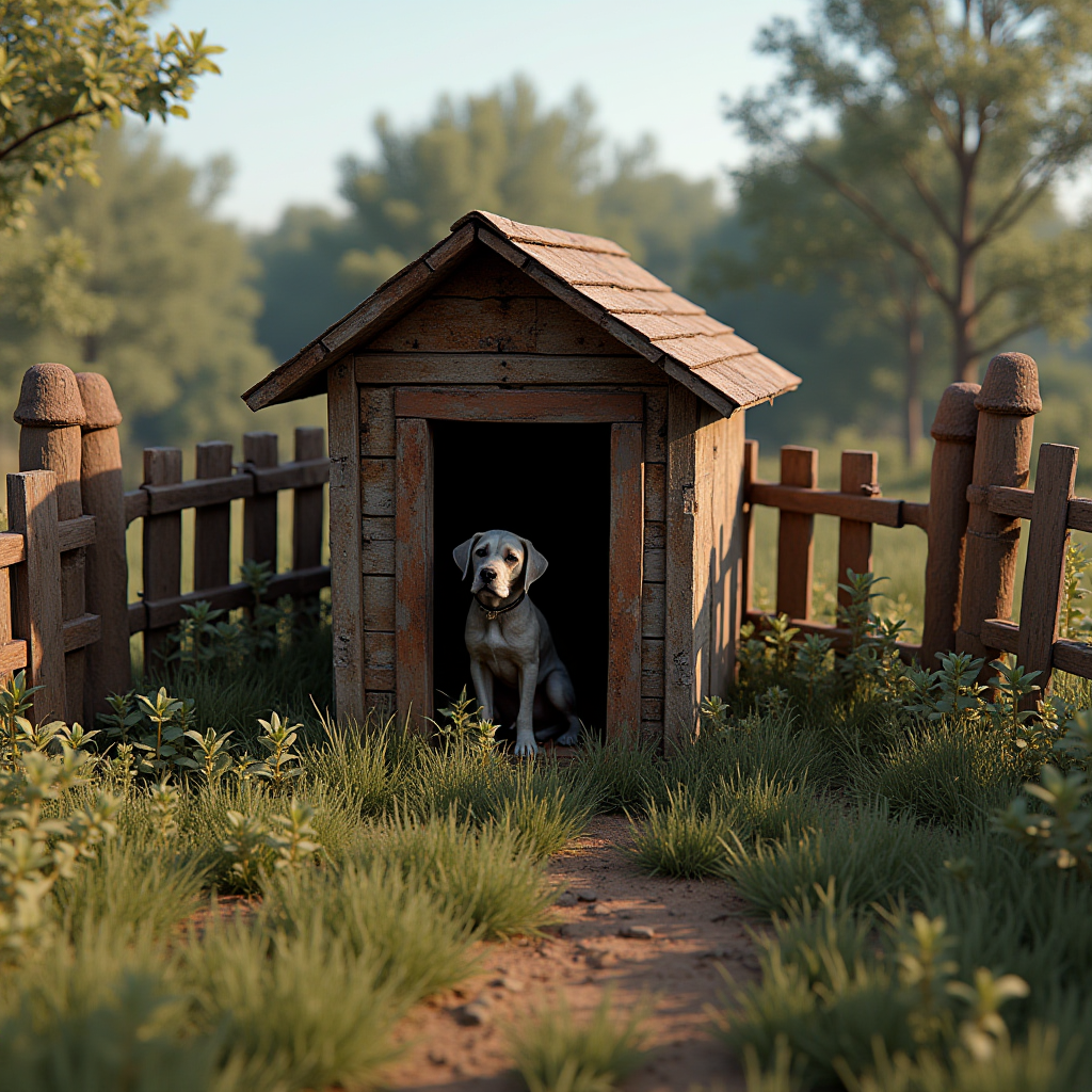 A dog sits in a rustic wooden doghouse amid a lush green garden with soft morning light filtering through the surrounding trees.