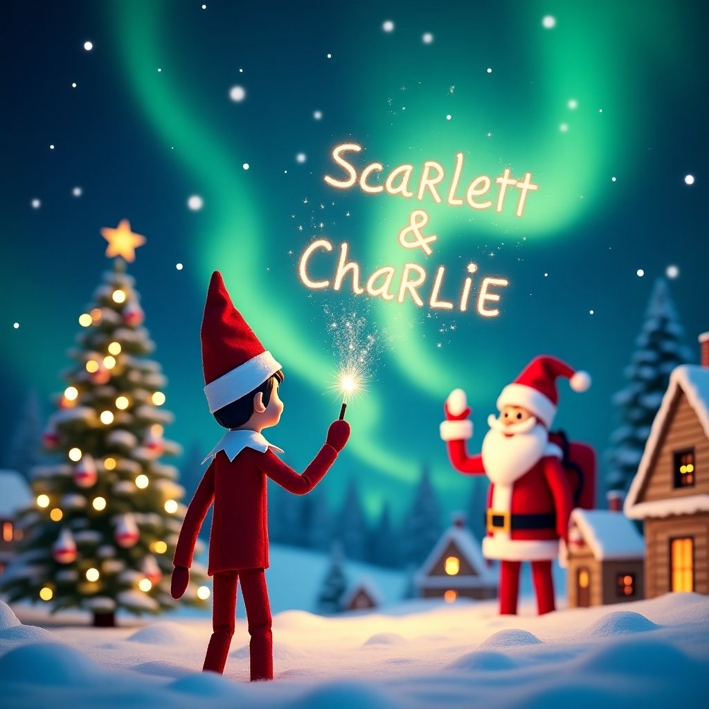 An adorable scene features an Elf on the Shelf looking back towards viewers, observing a winter night sky illuminated by stunning northern lights. Dressed in classic holiday attire, the elf uses a magic wand to create names in the air. In the backdrop, Santa Claus waves cheerfully, bringing joy to the scene. The setting is complete with a beautifully decorated Christmas tree and twinkling fairy lights that enhance the holiday atmosphere. The elf stands with his back to the viewer, directed toward the vibrant sky, writing 'Scarlett & Charlie' in magical sparkles. Additionally, the snow-covered ground and whimsical houses create a warm, inviting Christmas scenery.