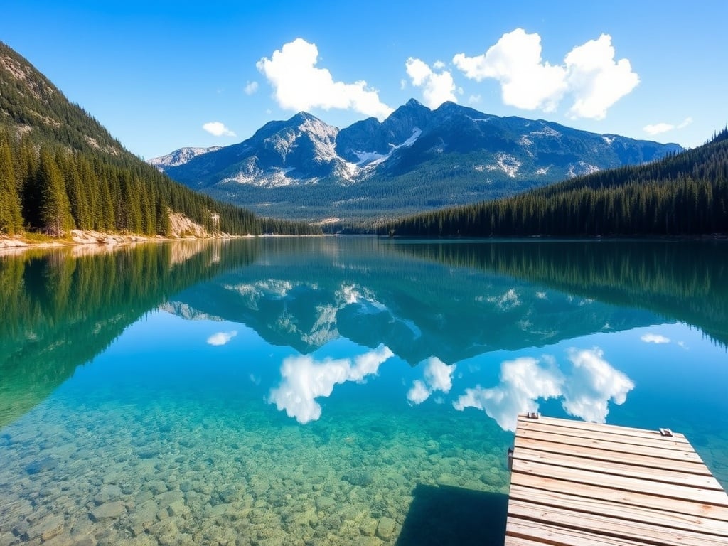 The image captures a breathtaking mountain landscape reflected in a calm, crystal-clear lake. A small wooden dock extends into the water, offering a perfect vantage point to admire the majestic peaks and the clear sky above, which are mirrored perfectly on the lake's surface. The scene is tranquil and invites a sense of peaceful solitude.