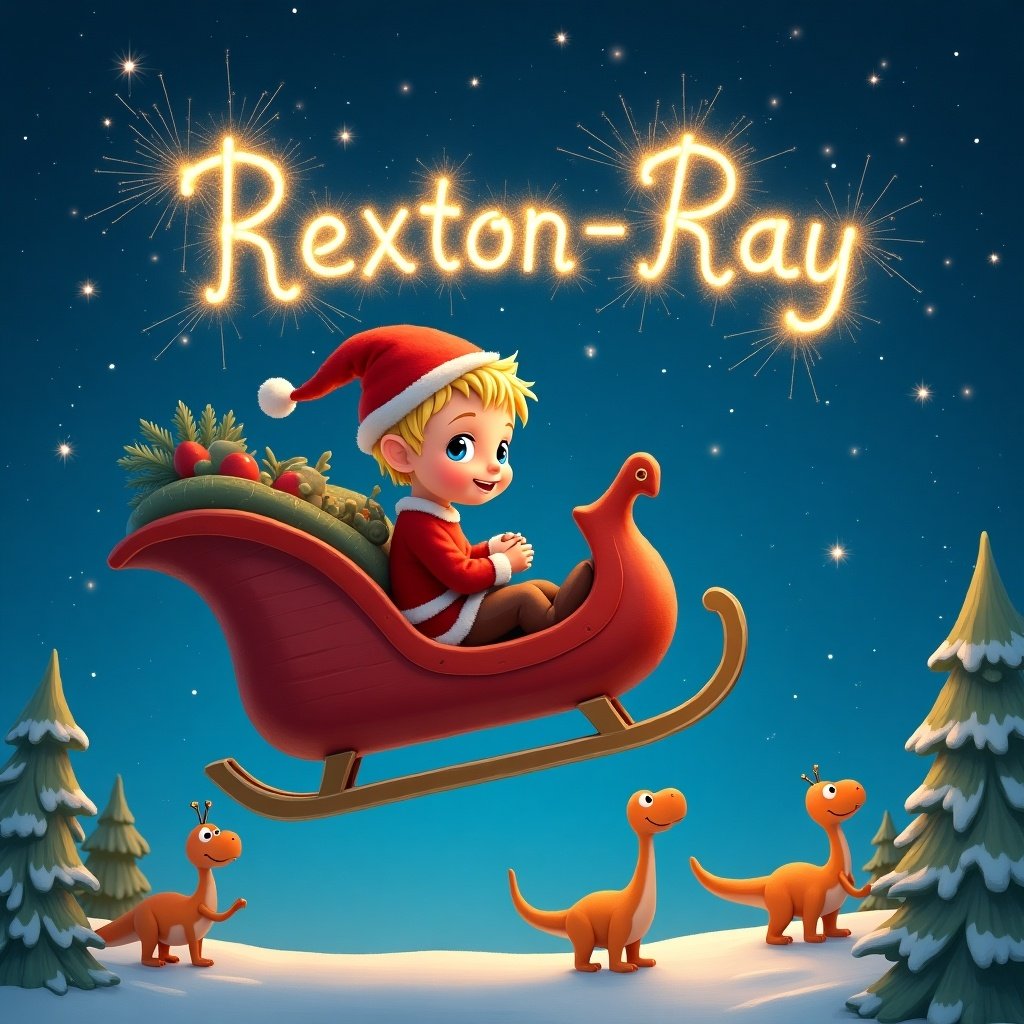 The image features a cheerful three-year-old boy with short blonde hair and blue eyes, dressed in a festive elf outfit sitting in a red sleigh. Santa is beside him, and the sleigh is filled with Christmas presents. The background showcases a night sky filled with stars and the name 'Rexton-Ray' illuminated in sparkling lights. Two cartoonish dinosaurs are positioned on the snowy ground, looking up at the sleigh. The overall atmosphere is magical and whimsical, embodying the joy of the holiday season.