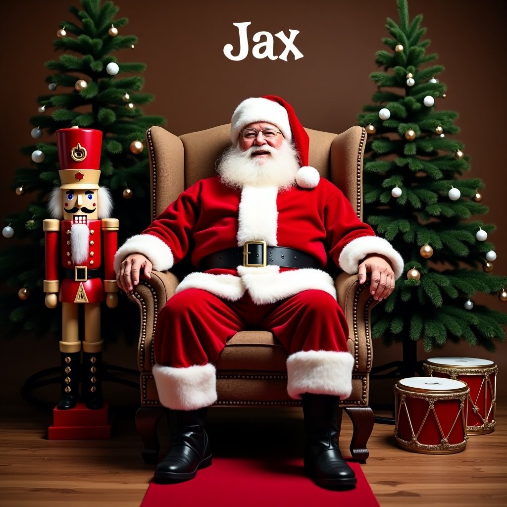 The image features Santa Claus seated comfortably on a regal chair. He is dressed in his traditional red suit with a white beard and black boots, showcasing a jolly expression. Beside him is a nutcracker soldier, and plush Christmas trees are present in the background, adding to the festive ambiance. On the floor, there's a red carpet leading up to Santa, and traditional drum decorations sit nearby. The overall setting is warm and inviting, perfect for the holiday season. Above Santa is a name floating in the air “Jax”