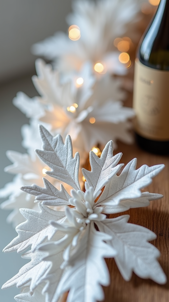 The image shows white decorative leaves arranged on a wooden surface with soft glowing lights and a bottle in the background.