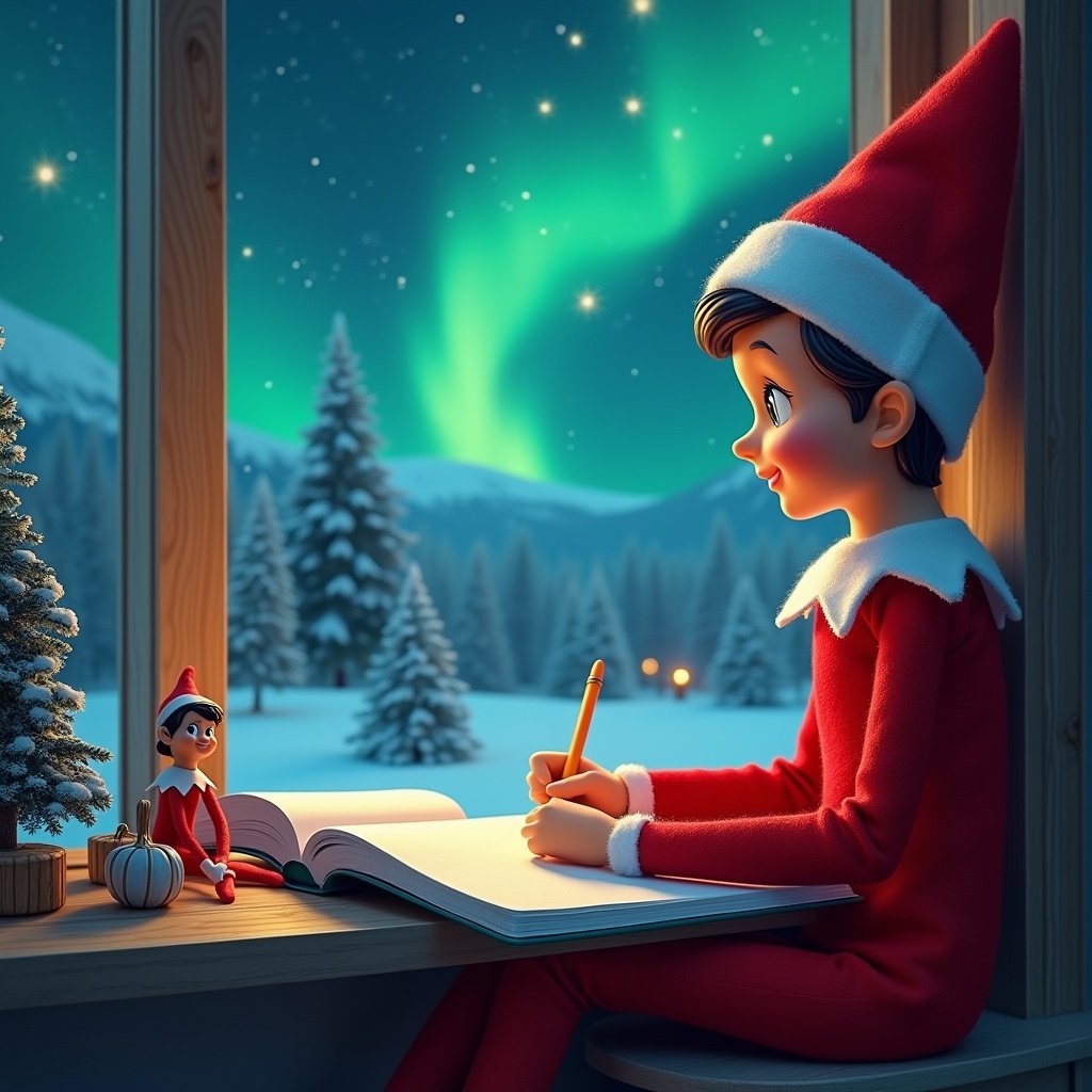 A whimsical scene featuring an elf on the shelf alongside another elf, immersed in writing a note to Santa. The background showcases a beautiful view of the northern lights illuminating a snowy landscape. The primary elf character is focused on a notebook, pencil in hand, wearing a classic elfish outfit. The warm glow of a cozy indoor setting contrasts with the magical, cool colors of the auroras outside. This enchanting atmosphere captures the essence of holiday preparations and the excitement of Christmas approaching.