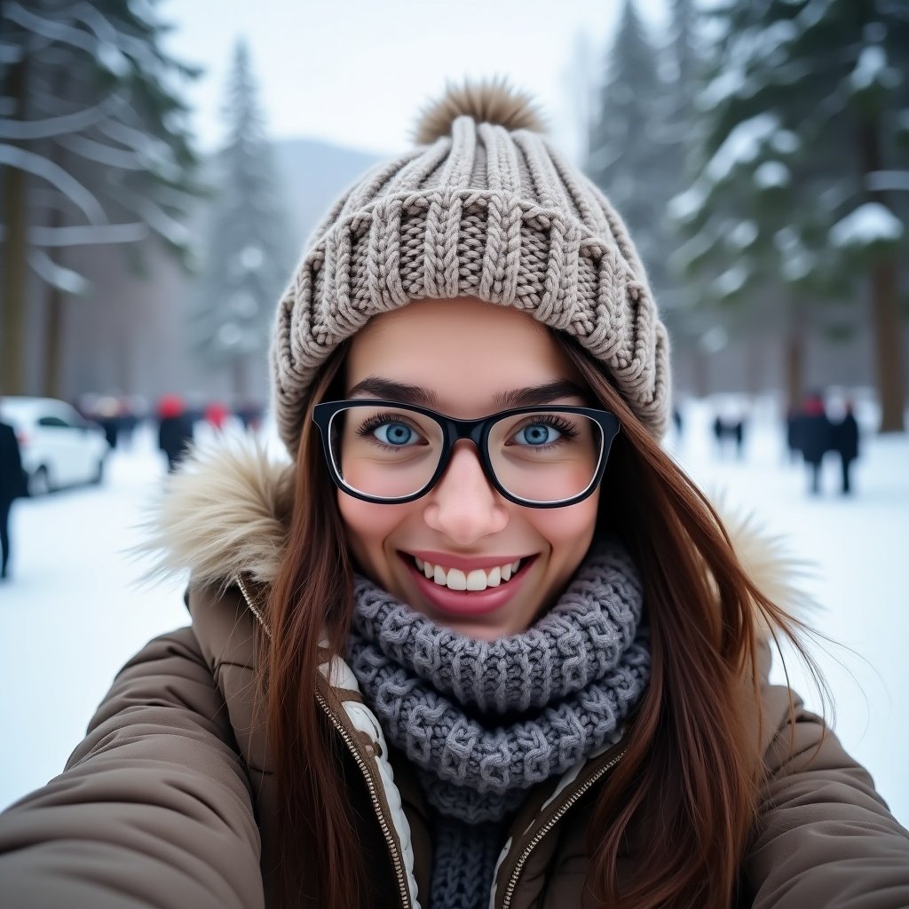 A young brunette woman with blue eyes is taking a cheerful selfie in a winter wonderland. She is wearing a cozy beige knit hat and a thick jacket, along with a warm, knitted scarf. The background is filled with snow-covered trees and people enjoying the winter scenery. The soft lighting enhances her bright smile, creating a joyful atmosphere. This image captures the essence of winter fun and warmth, making it perfect for any winter-related theme.