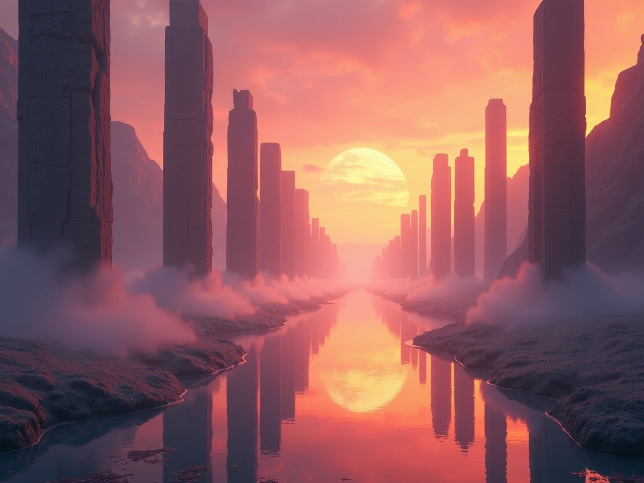 The image depicts a stunning, surreal scene with towering pillars lining a wide, tranquil river. The setting is bathed in vibrant hues of orange, pink, and purple, suggesting a breathtaking sunset or sunrise. In the background, two large celestial bodies, resembling planets or moons, dominate the sky, adding to the otherworldly atmosphere. Mist or fog softly envelops the base of the pillars, giving a sense of mystery and depth. The reflection of the colors and the celestial bodies on the water creates a mesmerizing visual effect. The landscape feels both ancient and fantastical, inviting viewers to imagine the stories behind such a mystical place.