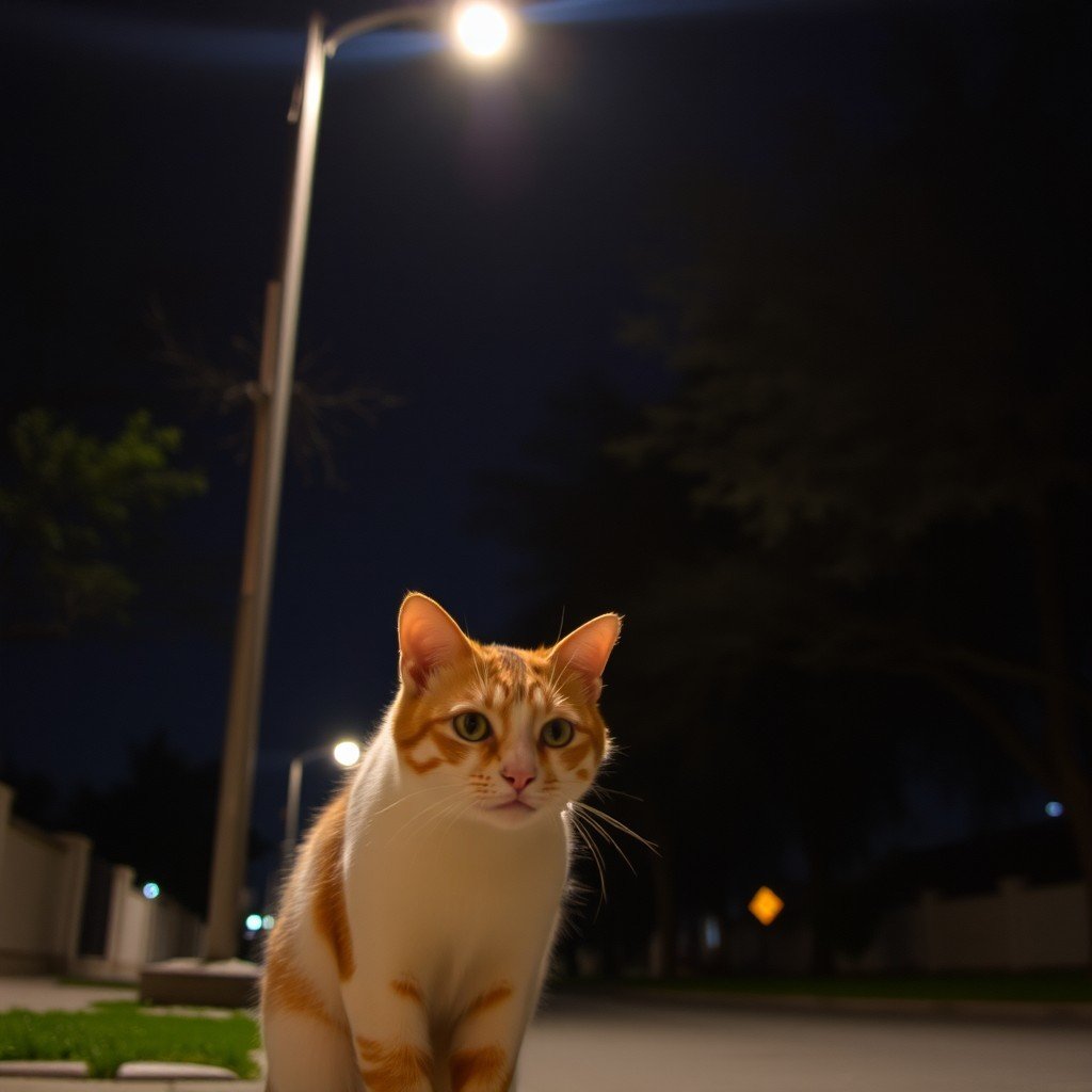 A cat explores the street illuminated by a streetlight at night.