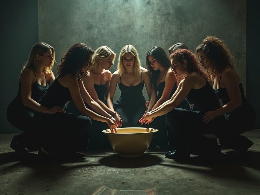 a group of women wearing black dresses gathered around a large bowl, in a dimly lit room, with a focus on a mysterious ceremony, implying a sense of unity and mystique