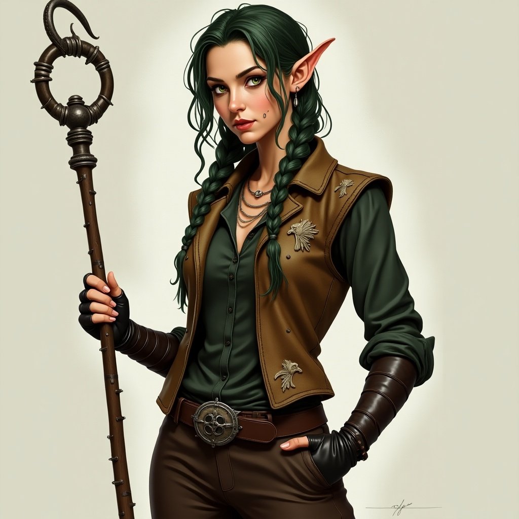 This image showcases an elf woman with light tanned skin and striking gold eyes. Her long, braided hairstyle is a dark green, adding an edge to her character. She wears a dark green shirt with a collar that ties, layered under a well-worn leather vest adorned with embroidered animals and leaves. Her outfit is complemented by loose-fitting dark brown pants tucked into slim high boots. The elf holds a staff with an incomplete circle at the end, enhancing her mystical aura. Industrial piercings add a modern twist, while fingerless leather gloves give her a rugged look.