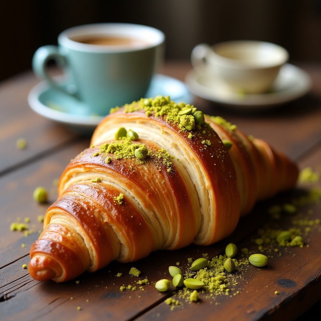 This image features a beautifully baked pistachio croissant, with a shiny golden-brown exterior and a rich buttery texture. It is garnished with crushed pistachios that scatter around its base, adding a burst of color and flavor. In the background, two coffee cups are softly blurred, suggesting a perfect pairing. The wooden table adds to the rustic charm of the scene. Soft, natural lighting enhances the inviting nature of the pastry, making it look irresistible.