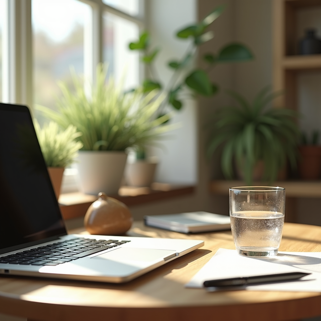 A sunlit desk with a laptop, glass of water, and surrounding houseplants.