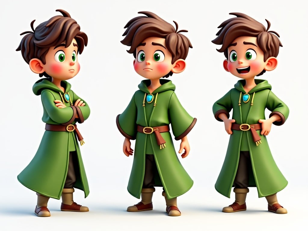 Create a 3D cartoon character of a 10-year-old boy. He has wavy brown hair and bright green eyes. He wears green mage robes and a sapphire pendant. The character should display a range of emotions including joy, sadness, anger, excitement, and curiosity. Each pose captures a lively movement, reflecting a cheerful personality. Use a bright color palette to reinforce the cheerful theme, making it suitable for children's media contexts like books and animations.