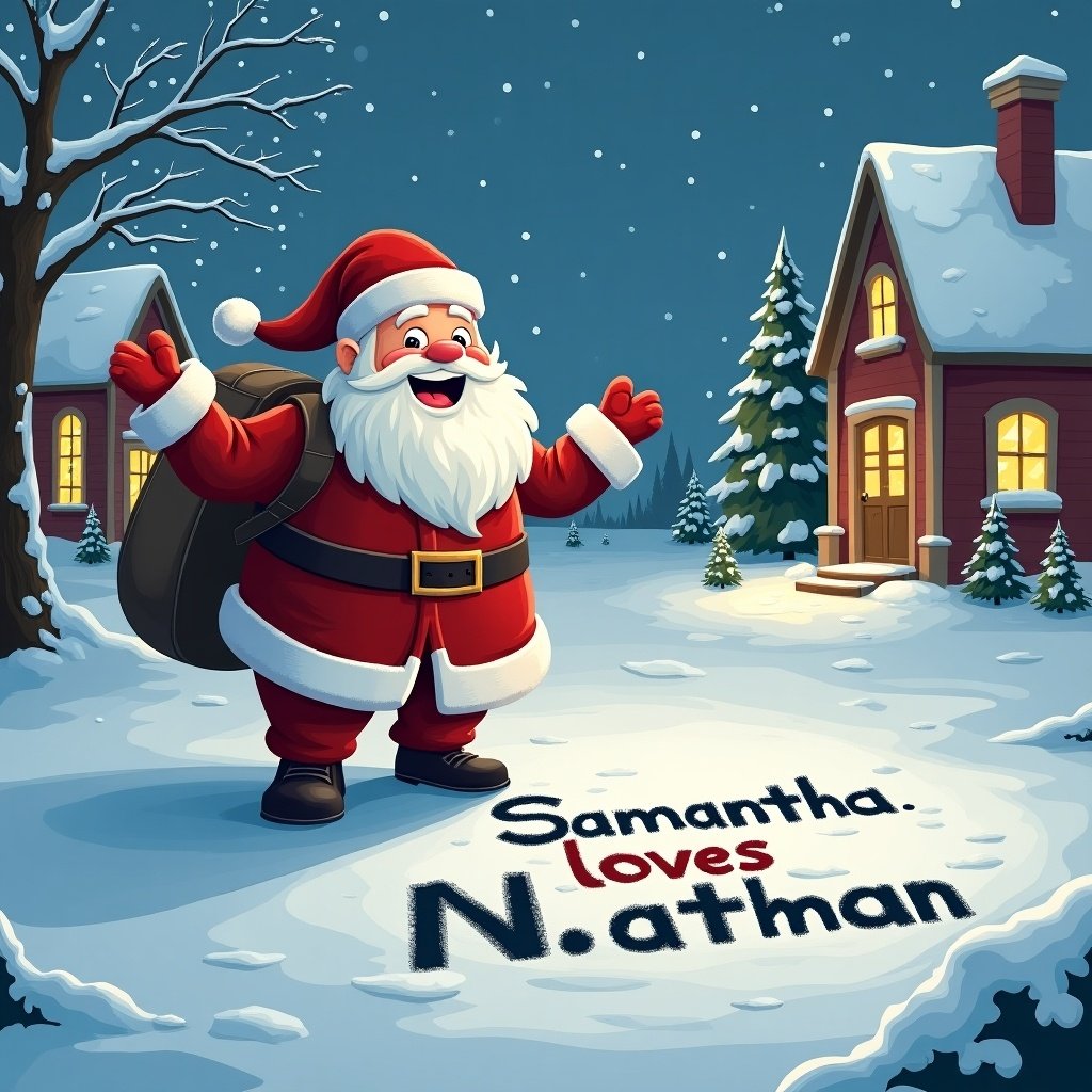 The image features a cheerful Santa Claus standing in a snowy village. He is dressed in his classic red suit with a big smile, holding a large sack of gifts. Snow is gently falling around him, and the houses are adorned with warm lights. In front of Santa, the phrase 'Samantha loves Nathan' is written in a playful font. The whole scene evokes a festive and heartwarming atmosphere, perfect for the holiday season.