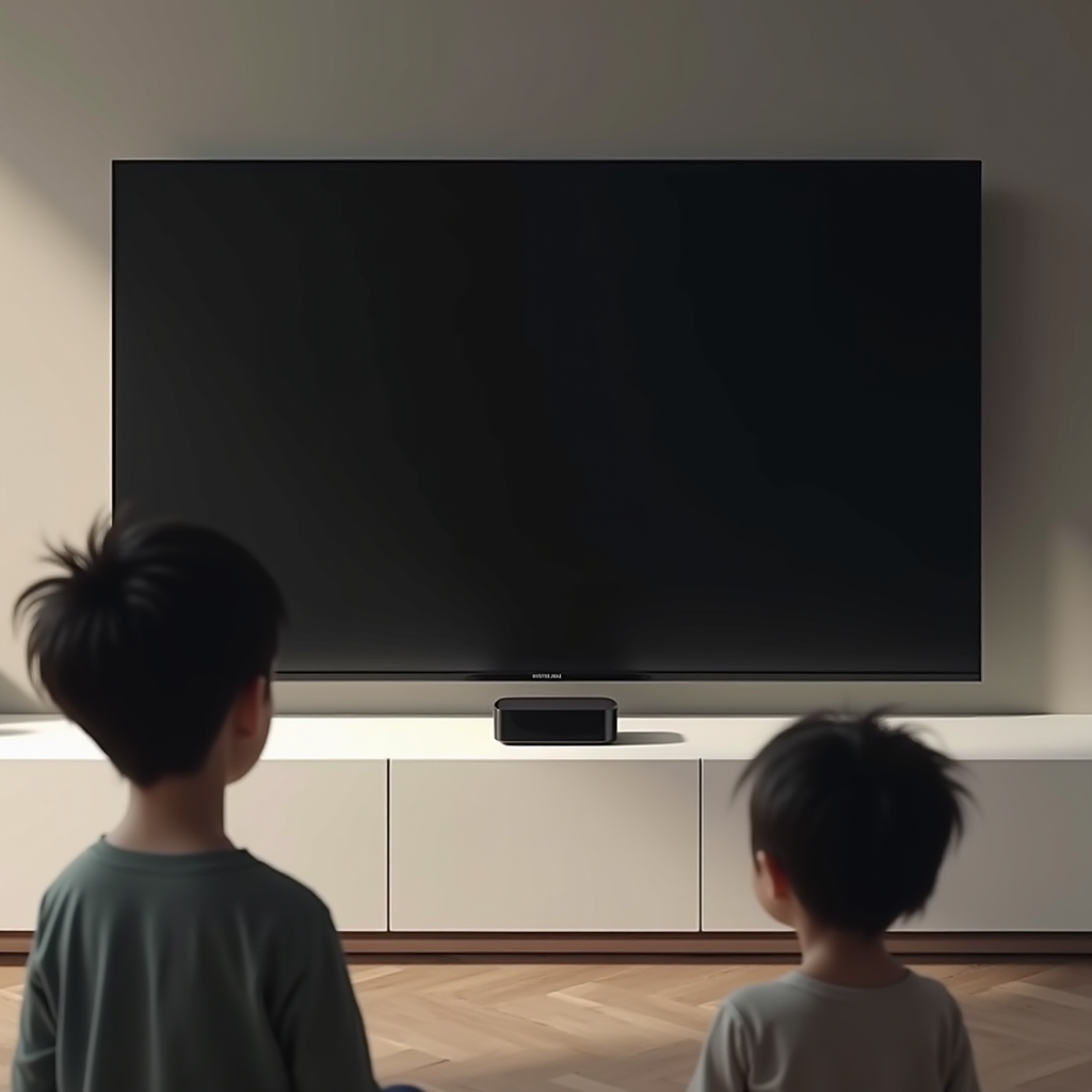 Two young children gaze at a large, blank TV screen with a speaker below.