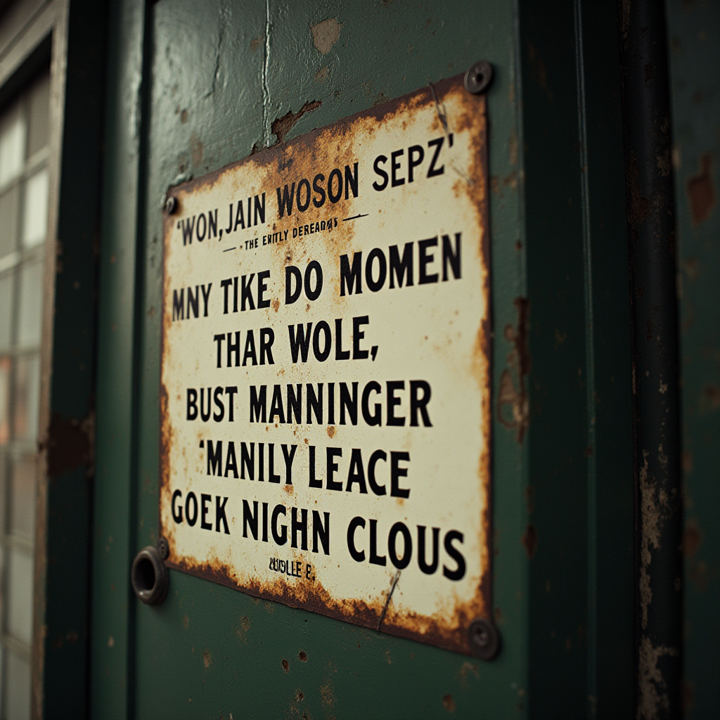 A rusted, weathered sign with faded, nonsensical text mounted on a green metal surface, evoking a sense of nostalgia and decay.