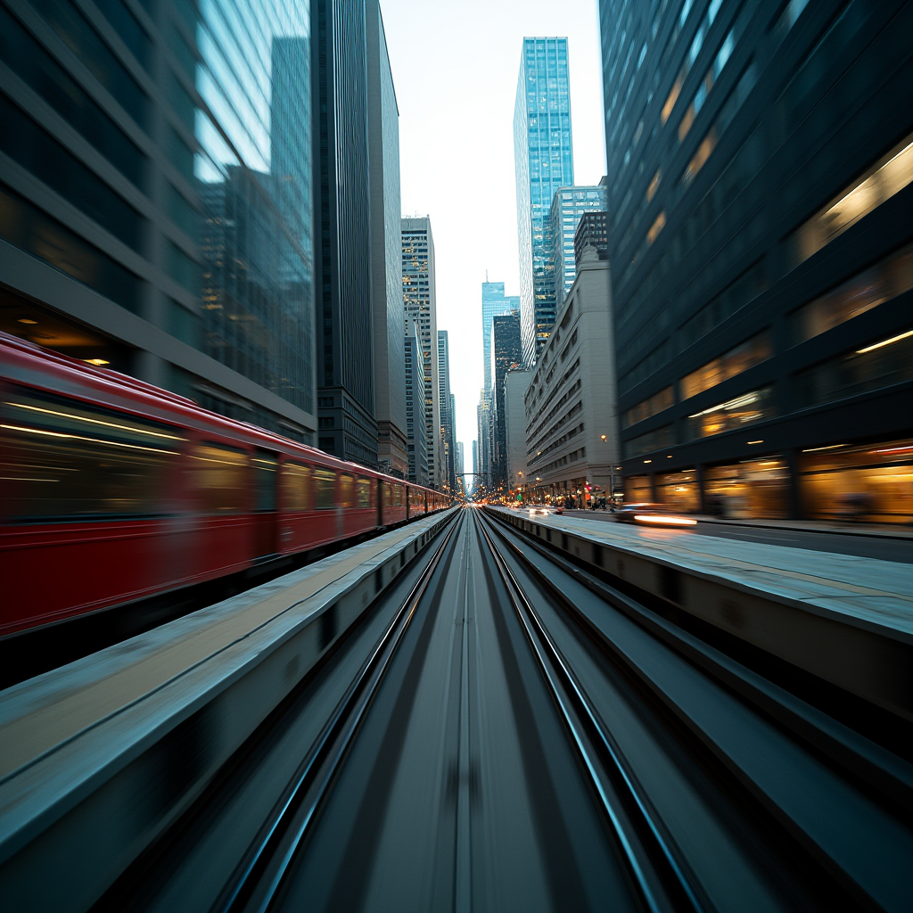 A dynamic view capturing the motion of a train speeding through a cityscape of tall buildings.