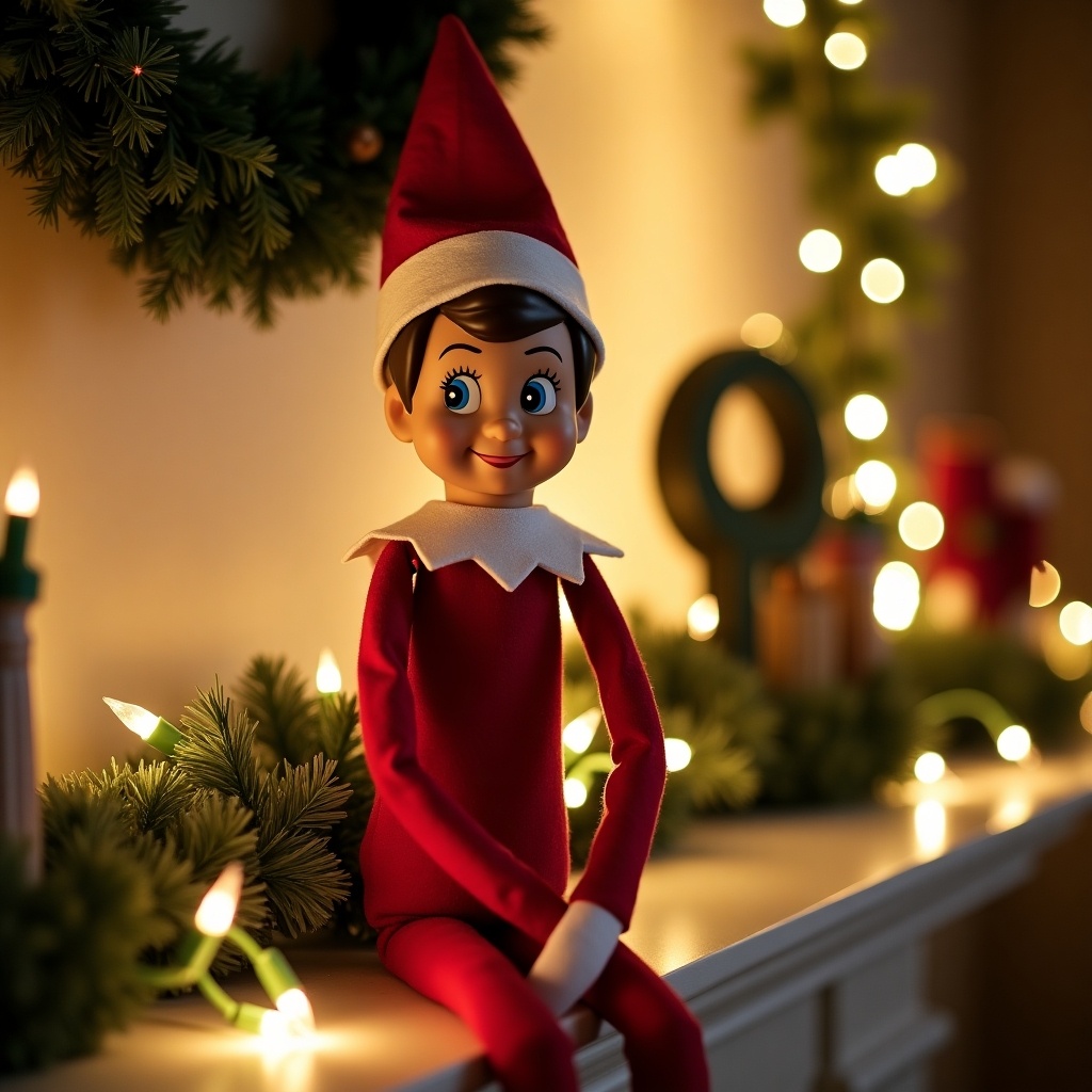 The image shows a cheerful elf on the shelf named Luca sitting on a mantel. Luca is dressed in a classic red outfit with a white collar and hat, sporting a friendly smile. Surrounding him are festive decorations, including a lush wreath and twinkling Christmas lights. The background is softly illuminated, creating a warm and inviting atmosphere. This scene beautifully captures the spirit of Christmas, evoking feelings of joy and nostalgia for family traditions.