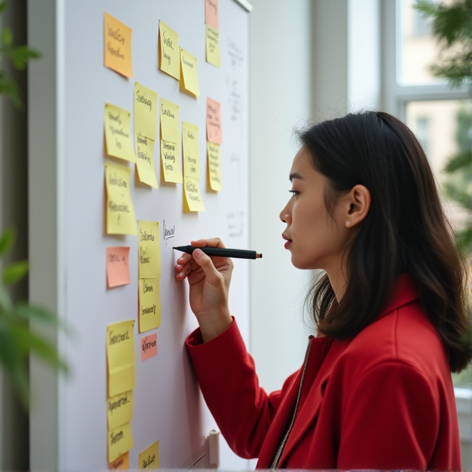 A woman in a red jacket writes on a whiteboard covered with colorful sticky notes.