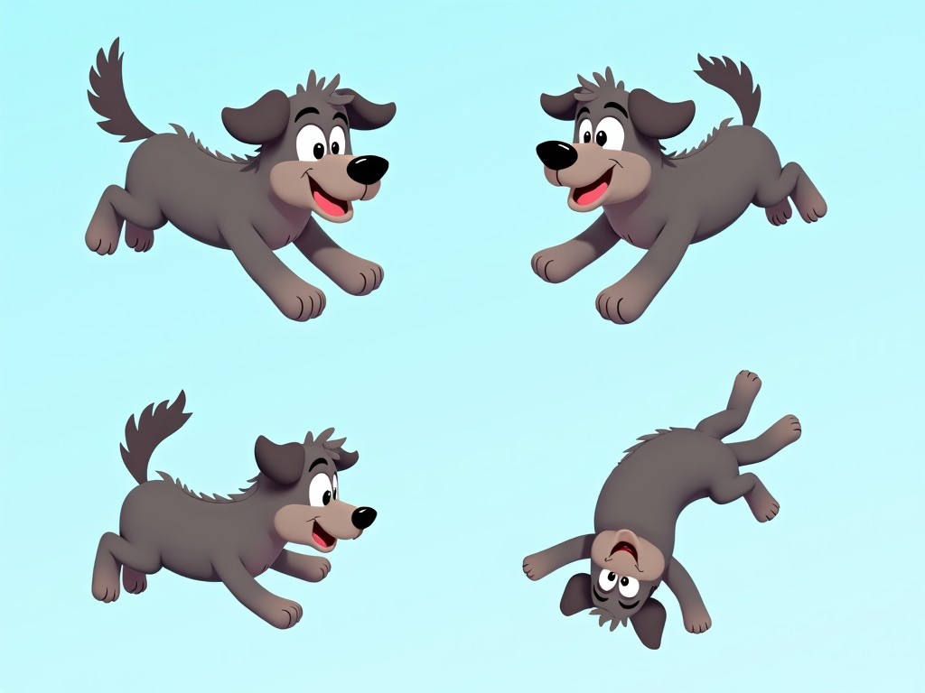 cartoon dog in four playful poses, digital illustration