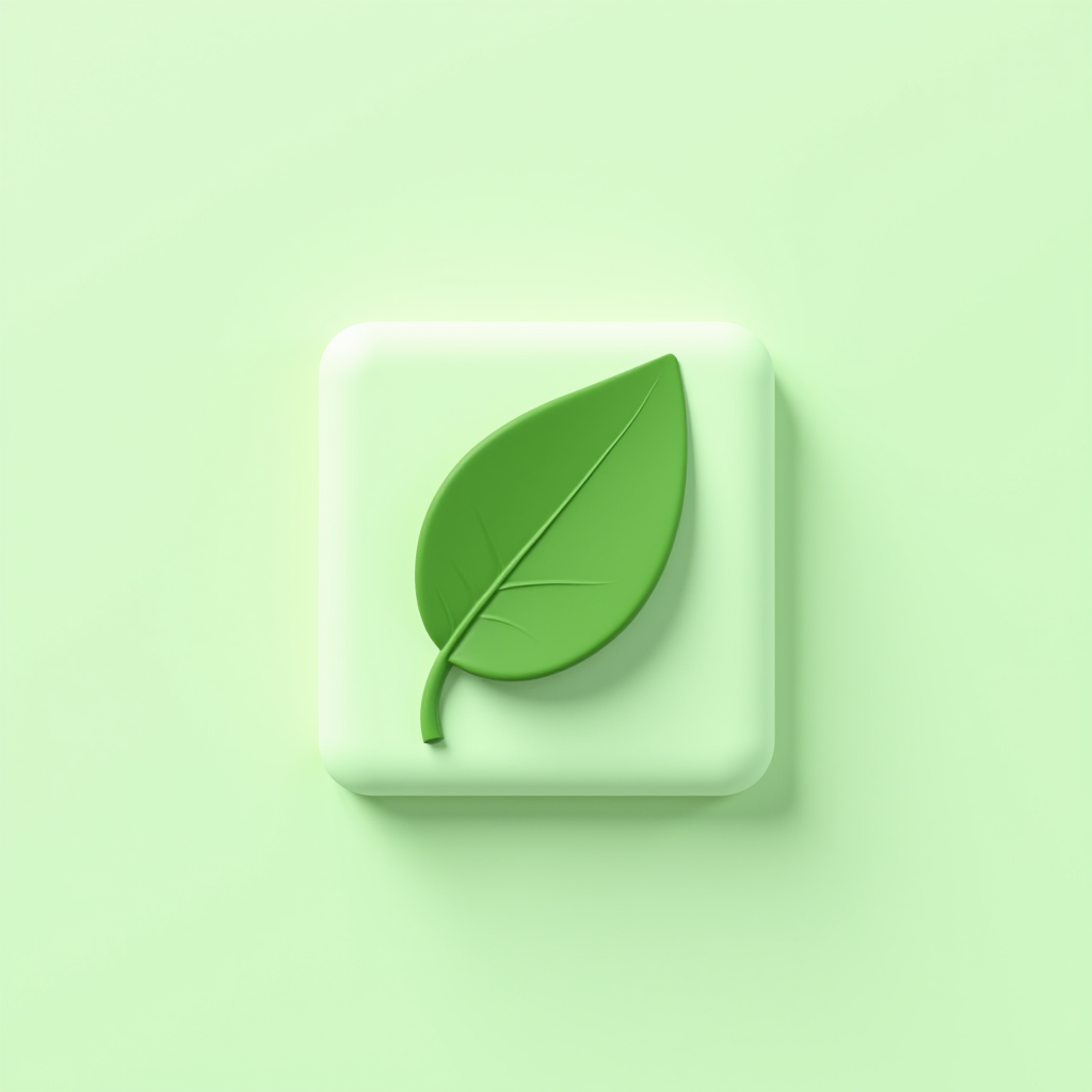 A 3D rendered leaf icon in shades of green on a pastel background.