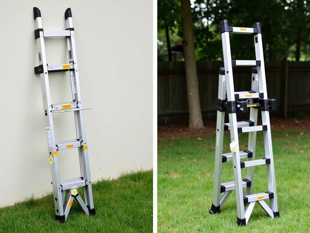 The image shows a telescopic ladder in two configurations. On the left, the ladder is leaning against a white wall, showcasing its compactness and adjustability. On the right, it stands on green grass in an A-frame position, highlighting its stability. The ladder's metallic finish and black accents enhance its modern design.