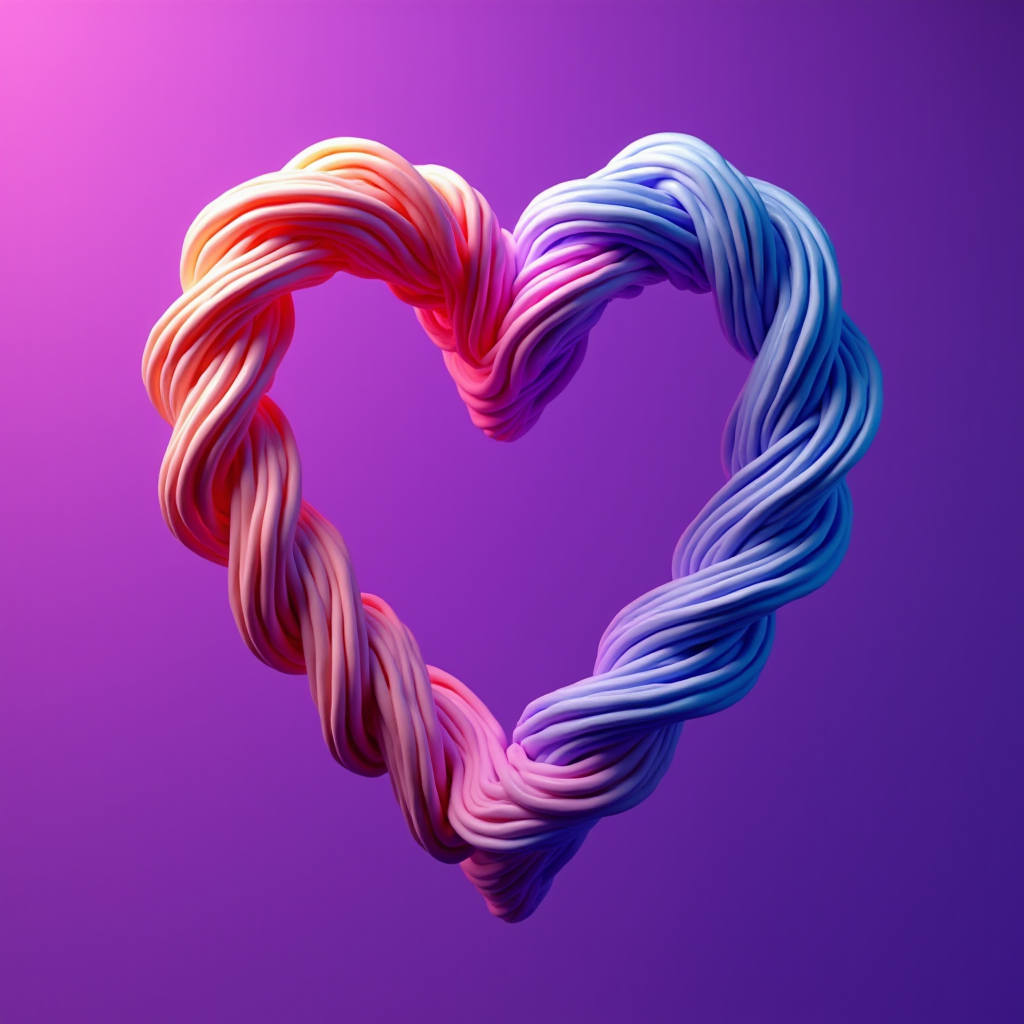 A heart shape formed by colorful intertwined strands on a gradient purple background.