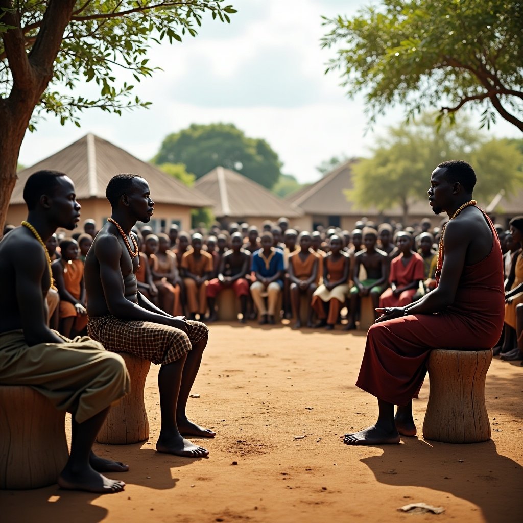 In a vibrant Nigerian village square, a scene unfolds where elders sit on beautifully carved stools. Two young men face the elder, who speaks with authority and wisdom. Around them, a large crowd of villagers is attentively listening. The atmosphere is filled with respect and interest, highlighting the importance of oral traditions in this community. The sun illuminates the gathering, enhancing the earthy tones of the setting and the clothing worn by the villagers.