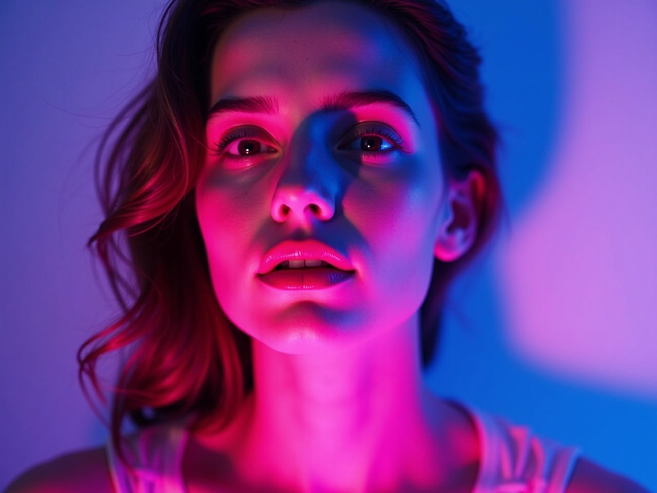 This image depicts a close-up portrait of a young woman illuminated by dramatic neon lighting. The predominant colors are pink and blue, creating a striking contrast against her skin. She gazes directly into the camera, conveying confidence and allure. Her hair is styled in loose waves, adding to the soft yet edgy feel of the image. The lighting accentuates her features beautifully, making this an effective piece for fashion or beauty contexts.