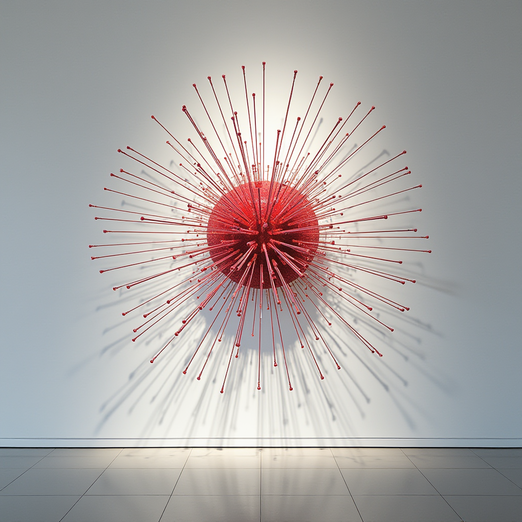 A vibrant red spherical sculpture with spikes extending outward, creating a sunburst effect against a white wall.