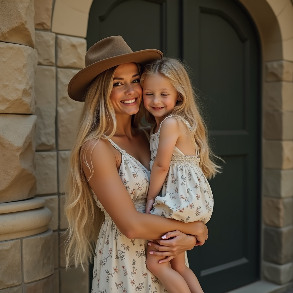 A woman and a young girl smiling while wearing matching floral dresses, with the woman wearing a hat, standing in front of a stylish stone wall.