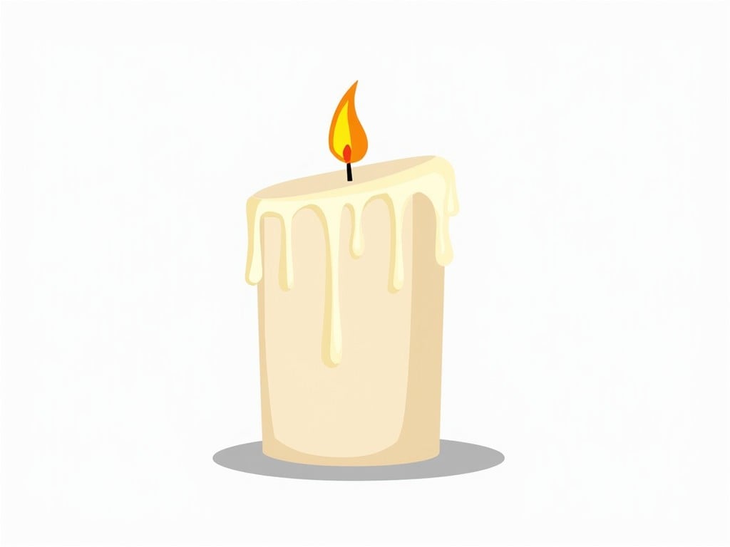 The image features a burning candle with a soft, creamy color. The wax is melting and dripping down the sides, creating a gentle, soothing appearance. At the top, there's a small flame flickering, bringing warmth to the visual. The overall aesthetic is simple and calming, perfect for evoking feelings of peace and relaxation. The background is plain, which accentuates the candle as the main focus.