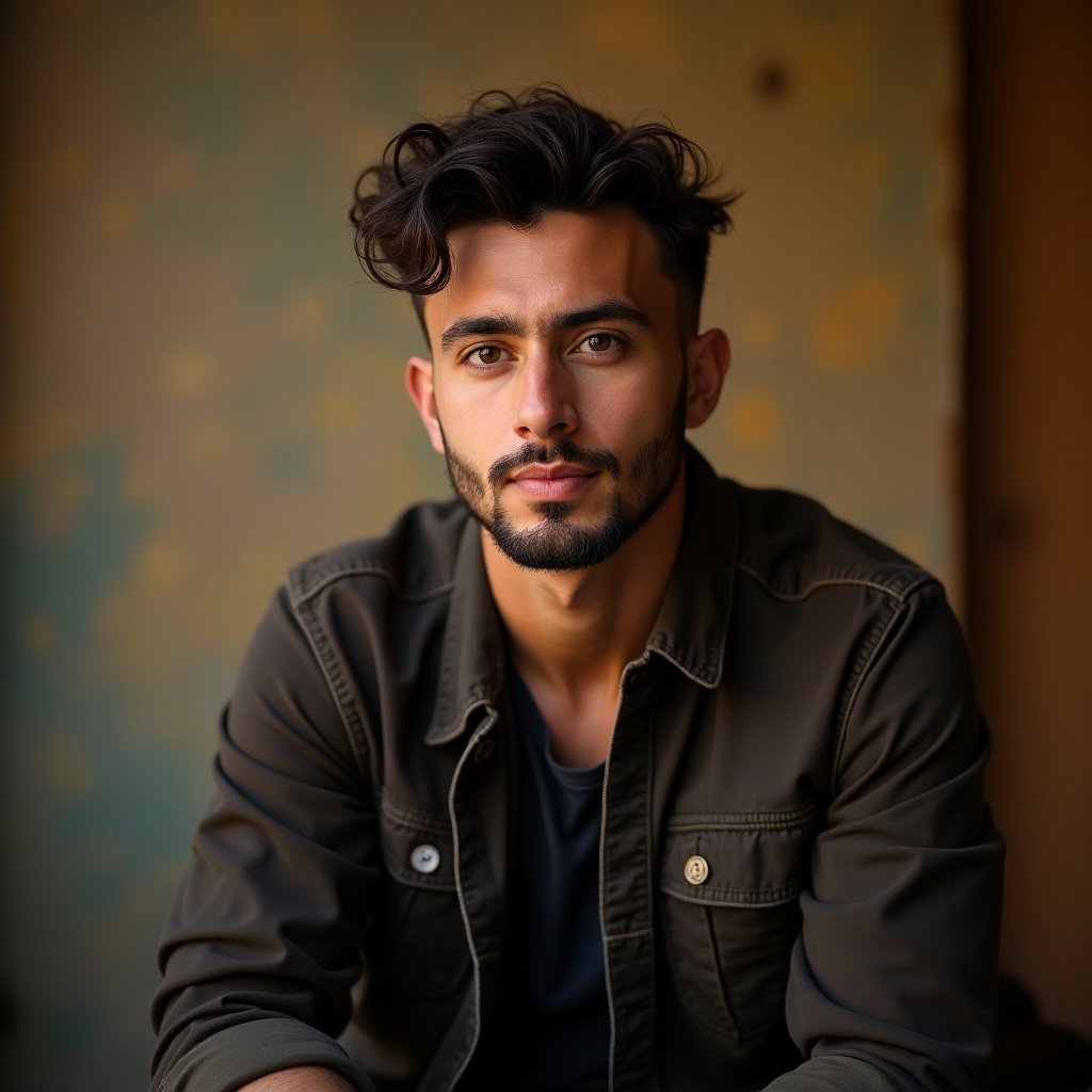 The image features a young man with stylish curly hair, wearing a casual jacket and a black T-shirt. He is sitting in front of an abstract, textured background that adds depth to the portrait. His expression is confident and thoughtful, making him appear approachable. The lighting is soft and highlights his facial features effectively. This image captures a contemporary and stylish vibe suitable for various modern contexts.