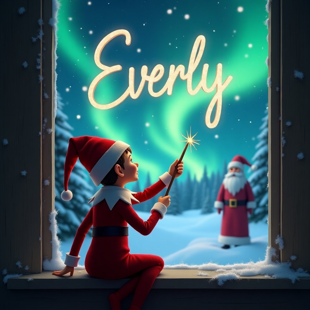 A whimsical scene featuring an elf on the shelf with his back to the viewer, gazing into the night sky. He holds a wand, using it to write the name 'Everly' in glowing letters amidst a magical backdrop. Outside the window, a beautiful winter landscape is adorned with snow-covered trees. The northern lights dance in vibrant colors, creating an enchanting atmosphere. In the background, Santa Claus can be seen smiling, enhancing the festive spirit of the image. The overall mood is joyful and invokes a sense of holiday magic.