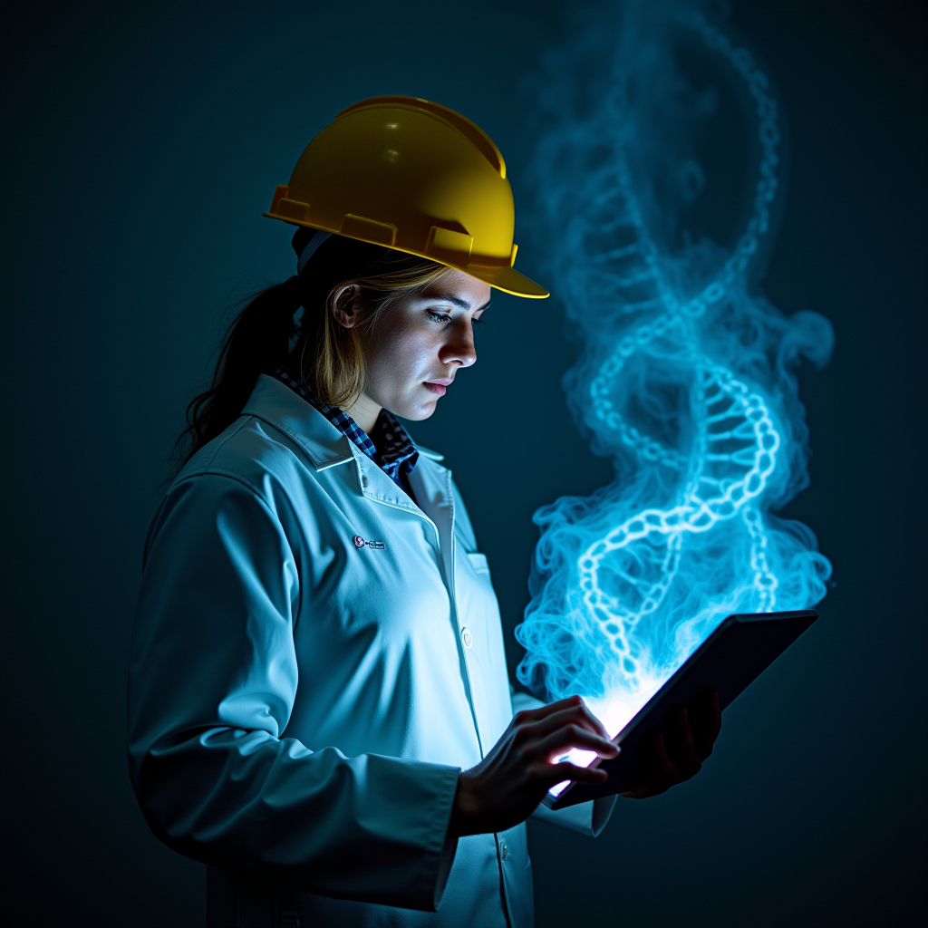 A woman in a lab coat and hard hat examines a glowing holographic DNA strand emanating from a tablet.