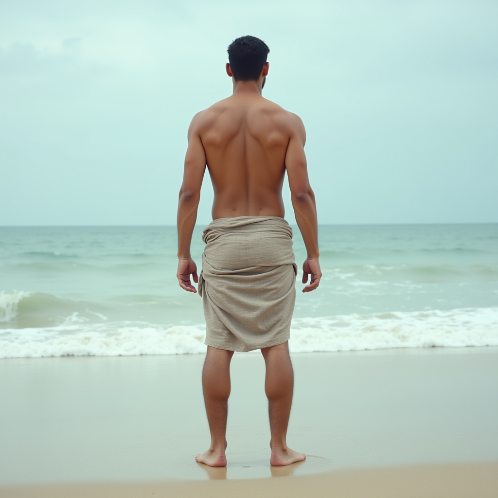 A man stands on a sandy beach facing the ocean.