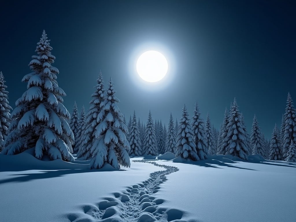 Capture the serene beauty of a winter night landscape under a full moon. The scene showcases snow-covered trees that stand tall, surrounded by a luminous halo. The contrast between the dark sky and the glowing moon creates a magical atmosphere. Peacefulness permeates the untouched snow, enhanced by faint animal tracks leading into the scene. This tranquil winter setting invites viewers to immerse themselves in its calmness.