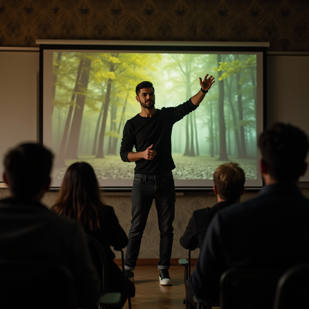 A person gives a presentation about a forest scene to an attentive audience.