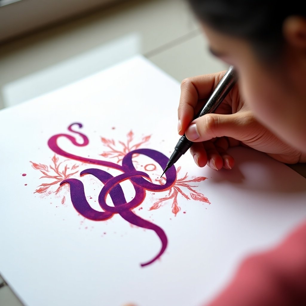 This image features a lady delicately crafting Malayalam calligraphy. She uses bold, contrasting ink on a pristine white surface. The colors include a rich purple with splashes of red. The hand holding a pen shows intricate details and care in each stroke. Natural light softly illuminates the scene, highlighting her creativity. This captures the beauty of traditional writing combined with modern art. The image showcases the Malayalam word 'ഇനിയും' in a beautifully styled cinematic font, തലാനേത്.