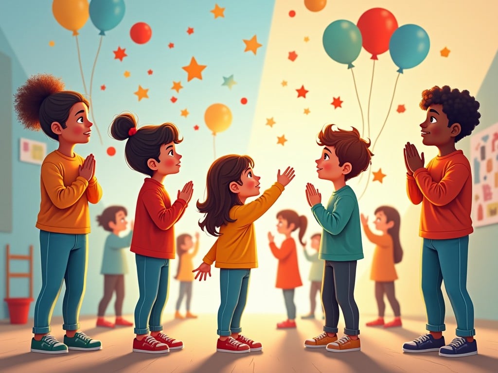 The image depicts a vibrant scene of several children gathered together in a spacious room. Each child is engaged in a joyful expression, showcasing emotions through activities such as art and prayer. The atmosphere is lively, filled with colorful balloons and star decorations. Some children are clasping their hands as if in prayer, while others are enthusiastically interacting with one another. This gathering reflects a sense of community and imaginative play among youth, encouraging creativity and emotional expression.