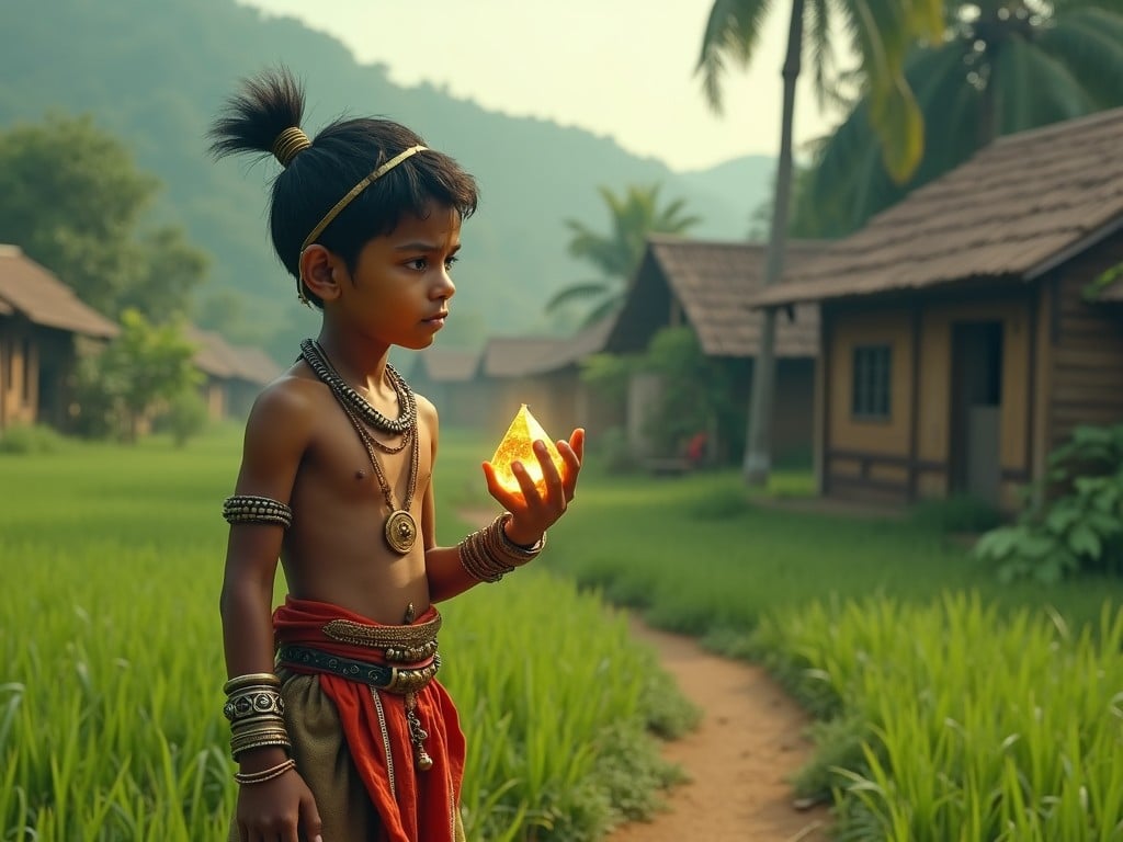 In a serene rural setting in India, a young boy stands, portraying a humble thief unaware of the powers he possesses. He holds an ancient gemstone that glows with divine energy, symbolizing the inheritance of Hanuman's powers. The landscape around him features lush green fields and traditional homes, adding to the quaint charm. The boy's attire reflects a rich cultural background, with intricate details that hint at his adventurous spirit. His expression is a mix of curiosity and determination, setting the stage for an epic journey.