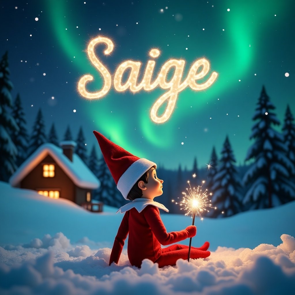 An elf on the shelf is seated on a snowy ground, with his back facing the viewer as he gazes upward. He holds a shimmering magic wand, enchanting the night sky. Above him, the name ‘Saige' is written in elegant, sparkling letters amidst a backdrop of vibrant northern lights. The scene is magical, embodying the essence of Christmas, with soft snow covering the landscape and a cozy cabin visible in the background. The entire atmosphere radiates warmth and festive spirit that captures the joy of the holiday season.