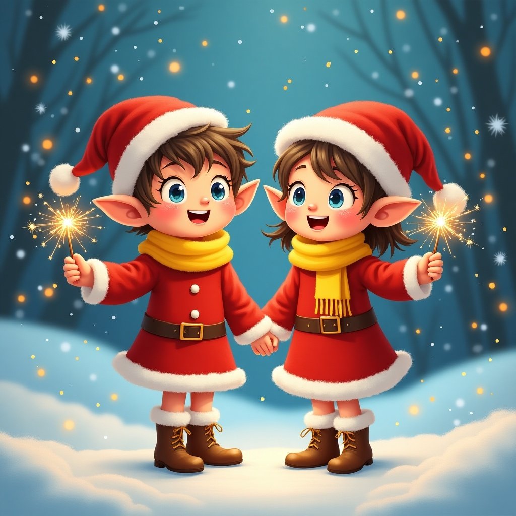 This whimsical image features twin pixie elves celebrating Christmas. The image showcases a boy and girl aged 3, with brown hair and blue eyes. They are joyfully holding sparklers in their hands. Dressed in festive red outfits, they wear Santa hats and bright yellow scarves. The background presents a winter wonderland filled with soft snow and twinkling lights in the sky. The atmosphere is infused with magic, capturing the essence of holiday cheer perfectly.