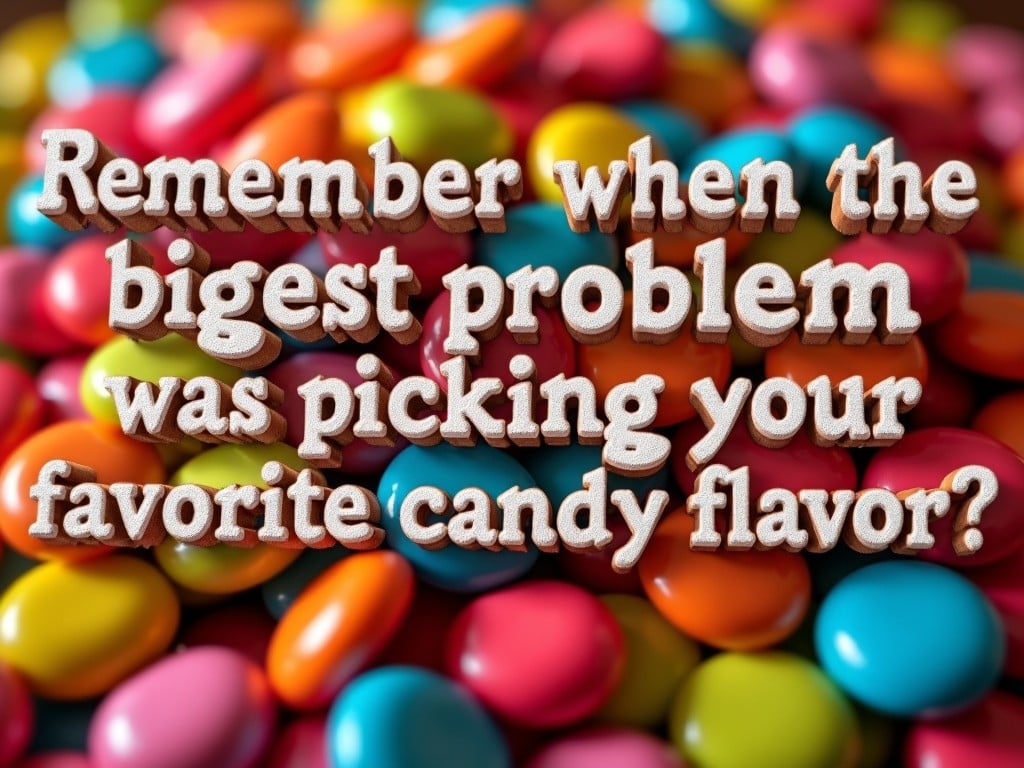 This image features a vibrant array of colorful candy drops scattered across a surface. In the forefront, bold text asks if you remember when your biggest problem was simply choosing a favorite candy flavor. The background is filled with various pastel-colored candy that captures the eye and evokes a sense of fun and sweetness. This playful scene invites viewers to reflect on joyful childhood memories. Overall, the image is bright and cheerful, perfect for attracting attention. The combination of colors and the light-hearted message creates a sense of happiness and nostalgia for simpler times.