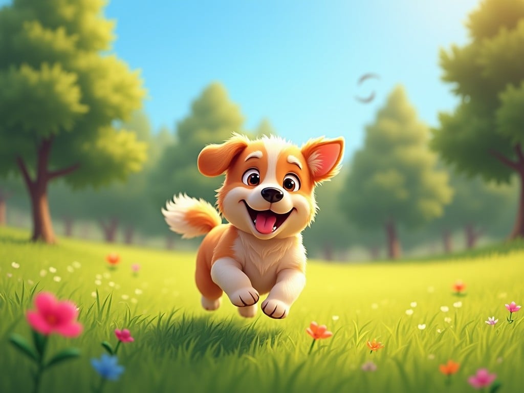 A cartoon-style illustration of a cheerful puppy running through a sunny field. The puppy has a light brown and white coat, with a large smile on its face. It is surrounded by vibrant green grass and colorful flowers. In the background, there are lush trees and a bright blue sky. The scene conveys a sense of joy and playfulness, making the viewer feel happy. The overall mood is bright and warm, perfect for capturing the essence of a fun day outdoors with a pet.