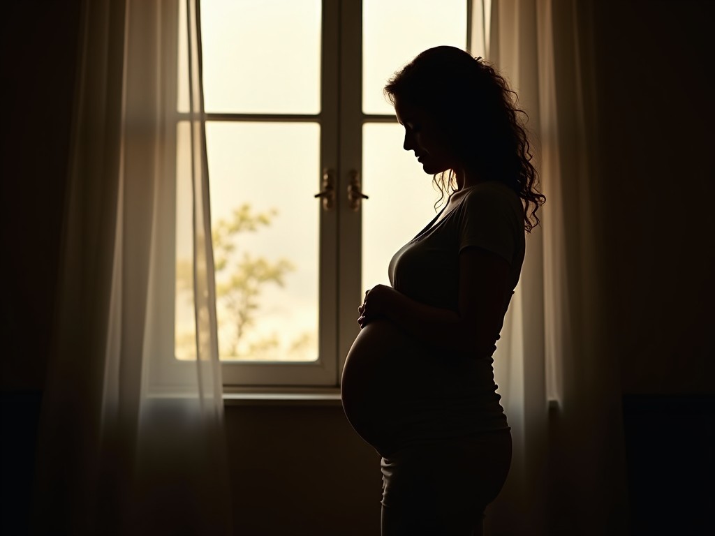 The image captures a silhouette of a pregnant woman, standing near a softly lit window. She has a serene expression, cradling her belly with one hand. The light creates a warm and calming atmosphere, contrasting beautifully against the dark outline of her figure. The background features sheer curtains that filter the sunlight, enhancing the tranquil mood of the scene. This composition evokes feelings of anticipation and tenderness associated with motherhood.