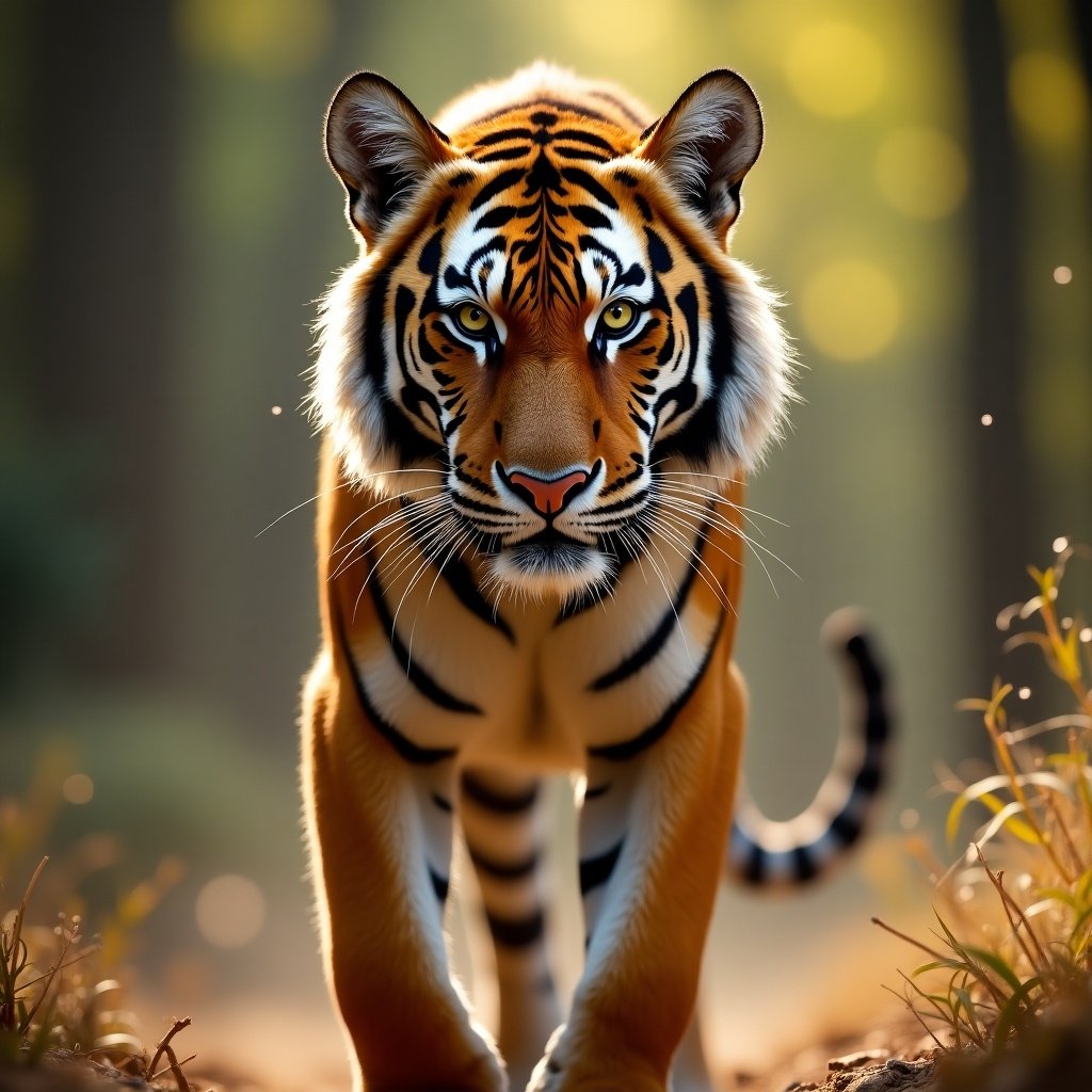 The image features a stunning tiger walking directly towards the viewer. The tiger's intense gaze and powerful stance capture its fierce majesty. Bathed in warm sunlight, its vibrant orange and black striped fur shines brilliantly. The background is blurred, drawing attention to the tiger and giving a sense of movement through its focused stride. Overall, the scene embodies wild beauty and strength in nature.