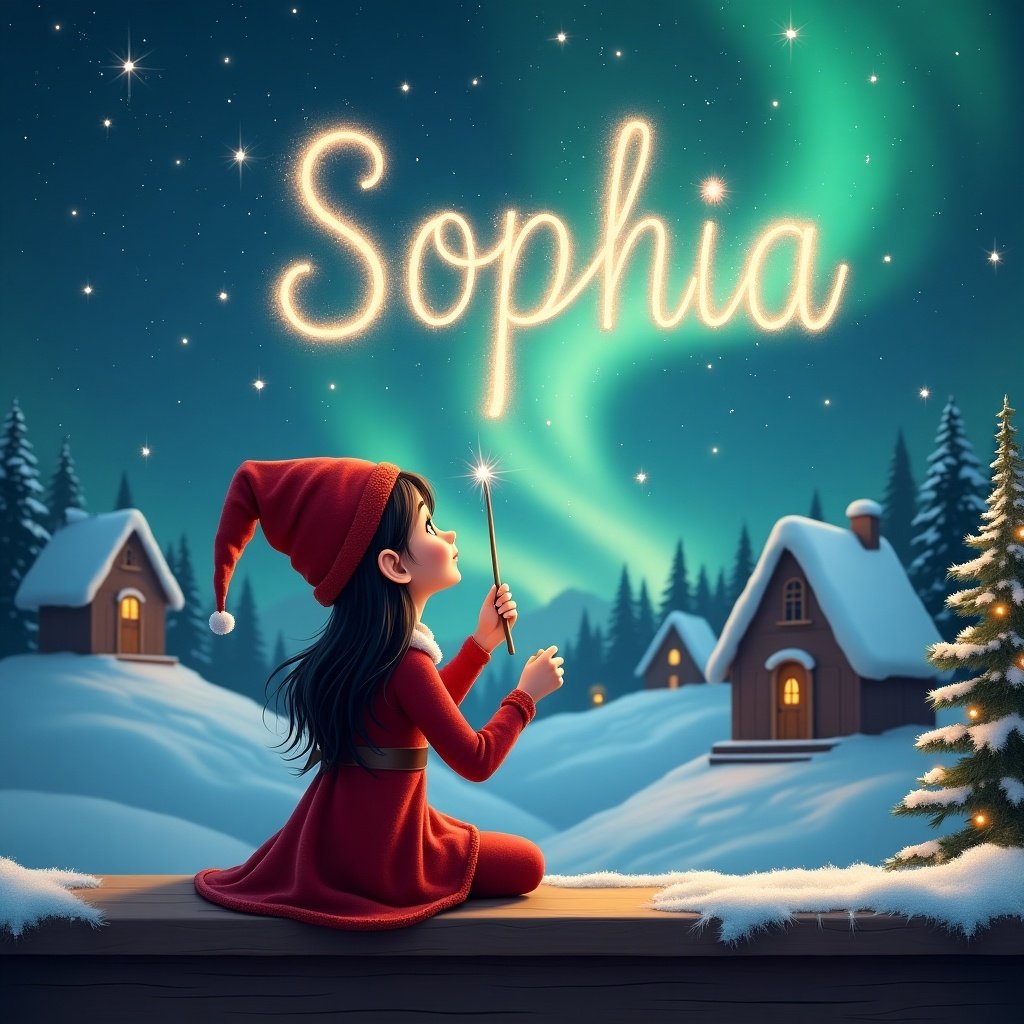 A female elf with dark hair and eyes is seated on a wooden ledge, facing the camera. She gazes up at a magical sky filled with stars and vibrant Northern Lights. Dressed in a festive red outfit and a pointed hat, she holds a sparkling wand. With elegance, the elf writes the name 'Sophia' in the air as it glimmers. Surrounding her is a serene snowy landscape, dotted with charming little houses and evergreen trees, capturing the essence of childhood magic and Christmas cheer.